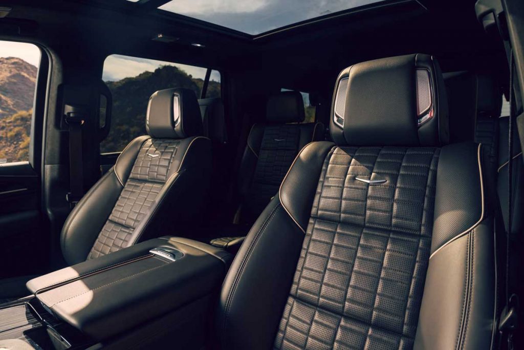 Semi-aniline leather and heated/ventilated and massaging front seats from the 2023 Cadillac Escalade-V.