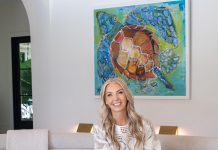 Sarah Baeumler is a Doyenne of Design Sarah was responsible for the interior design, which now includes colorful paintings by artists like Stacie Krupa (turtle painting). Photo by Jerry Rabinowitz